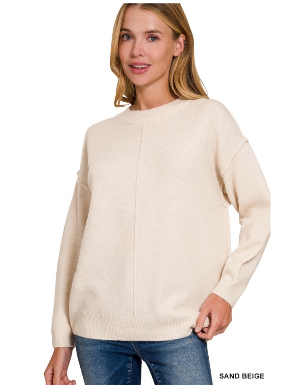 484 🦋 Zenana MELANGE FRONT SEAM ROUND-NECK SWEATER
